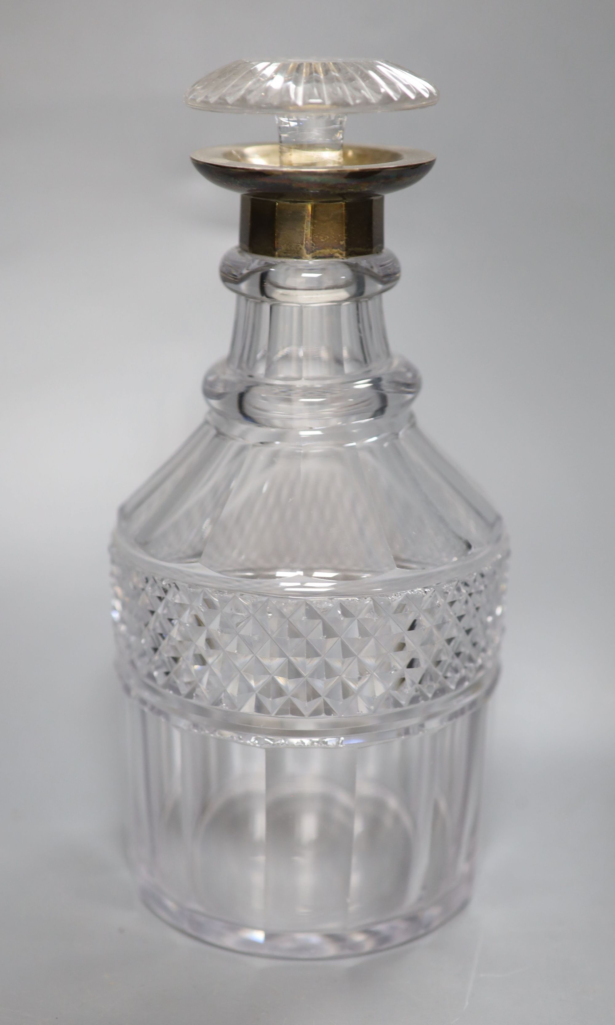 A pair of Limoges scent flasks, a silver mounted glass decanter and a Coalport dish, tallest 23cm